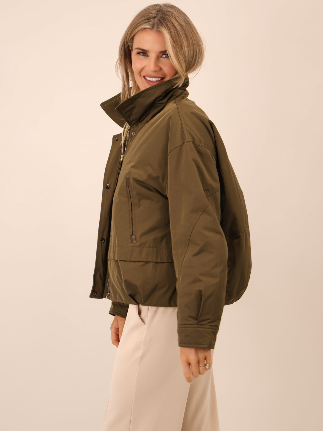 Kate & Pippa Aspen Detachable Fur Collar Jacket In Khaki-Nicola Ross