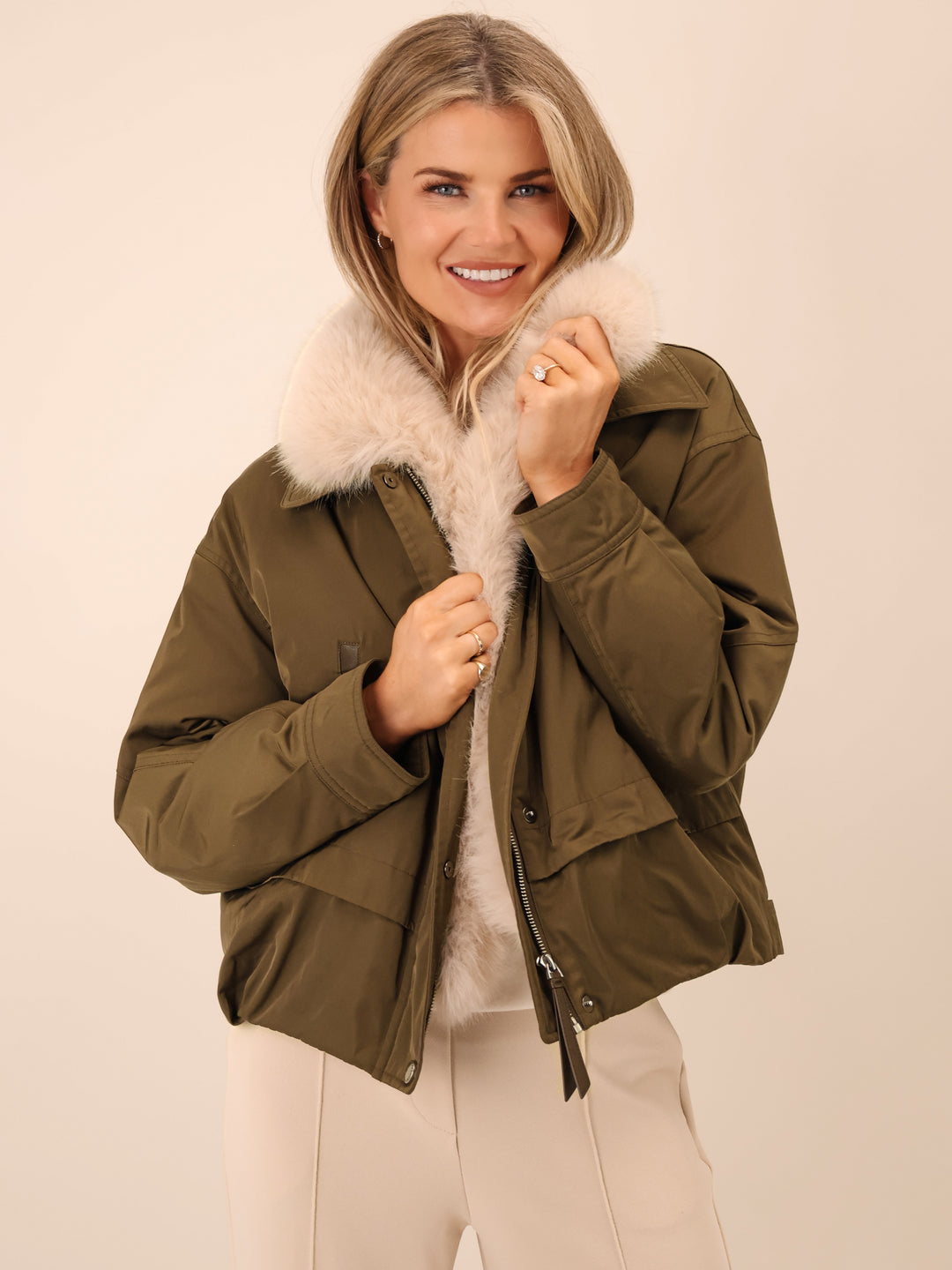 Kate & Pippa Aspen Detachable Fur Collar Jacket In Khaki-Nicola Ross
