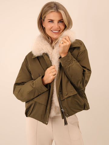 Kate & Pippa Aspen Detachable Fur Collar Jacket In Khaki-Nicola Ross