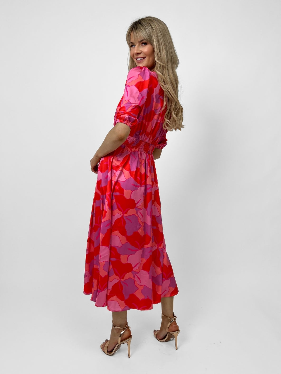 Kate & Pippa Audrey Midi Dress In Pink Print-Nicola Ross
