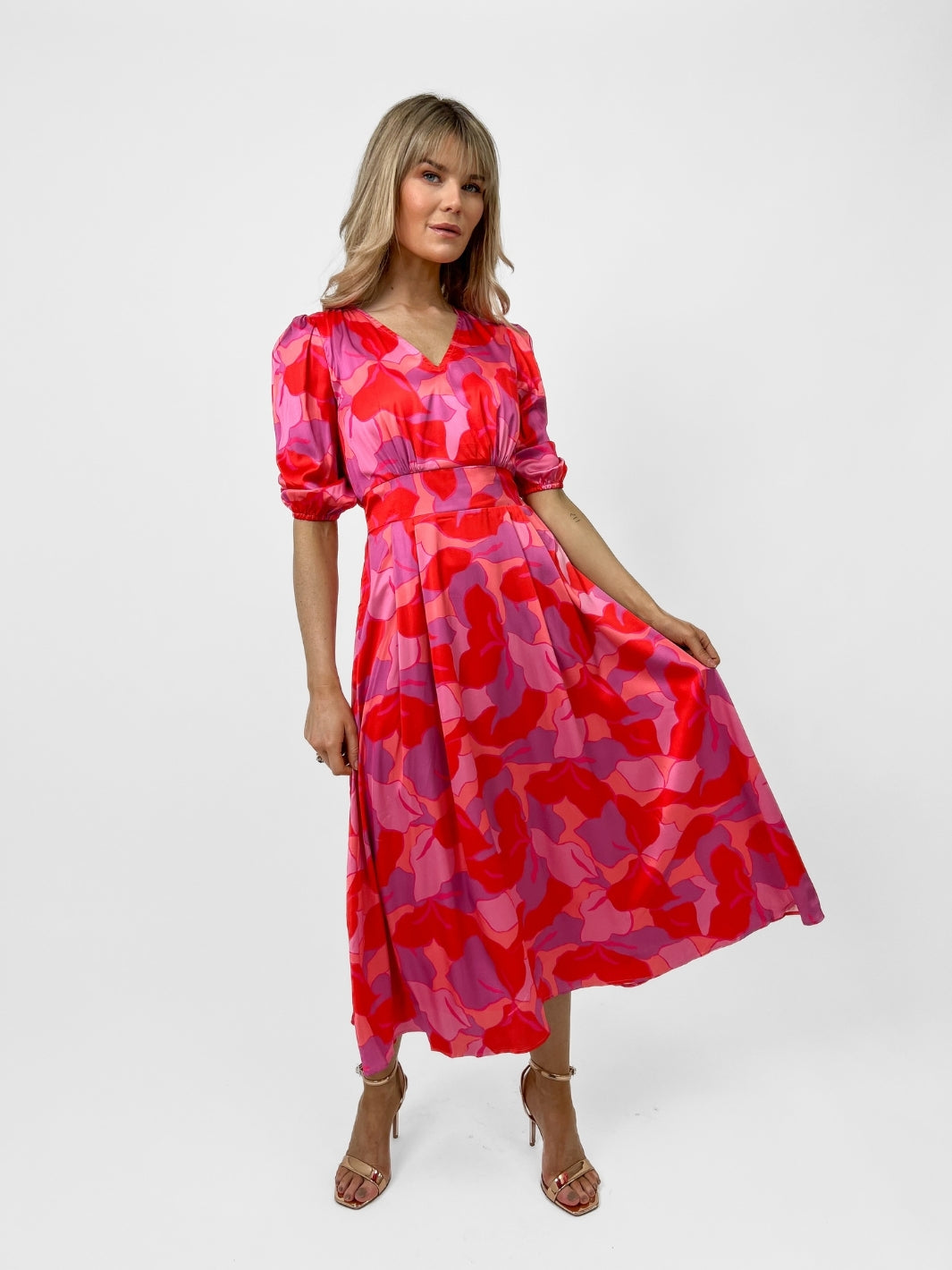 Kate & Pippa Audrey Midi Dress In Pink Print-Nicola Ross