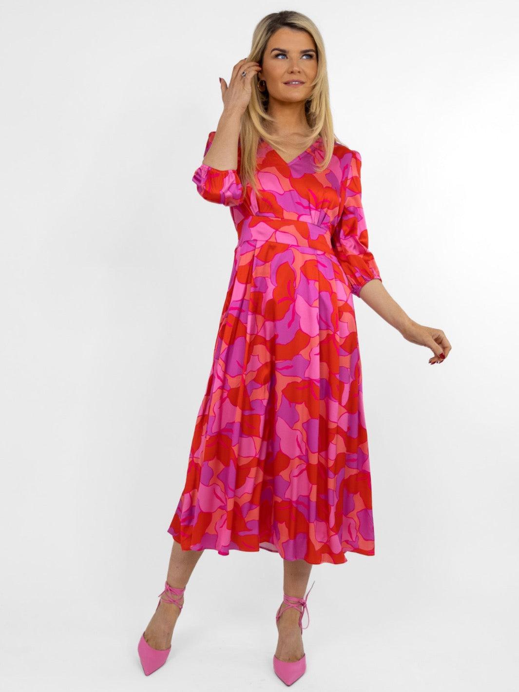 Kate & Pippa Audrey Midi Dress In Pink Print-Nicola Ross
