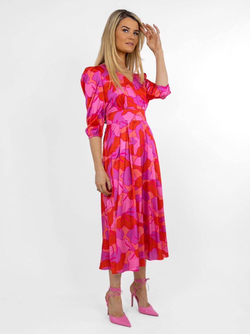 Kate & Pippa Audrey Midi Dress In Pink Print-Nicola Ross