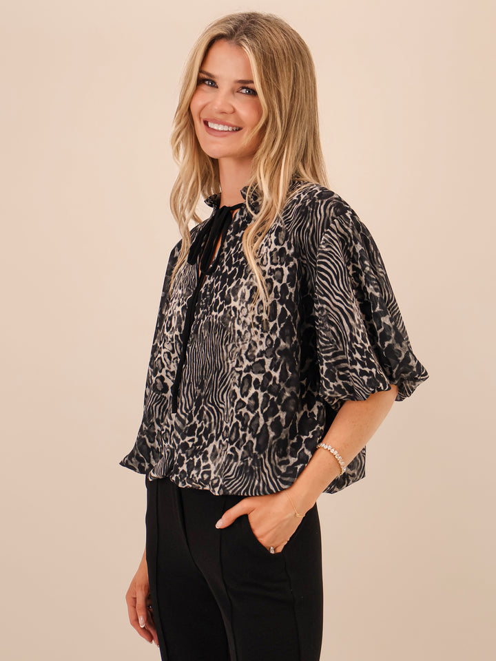 Kate & Pippa Ava Bow Top In Black Print-Nicola Ross
