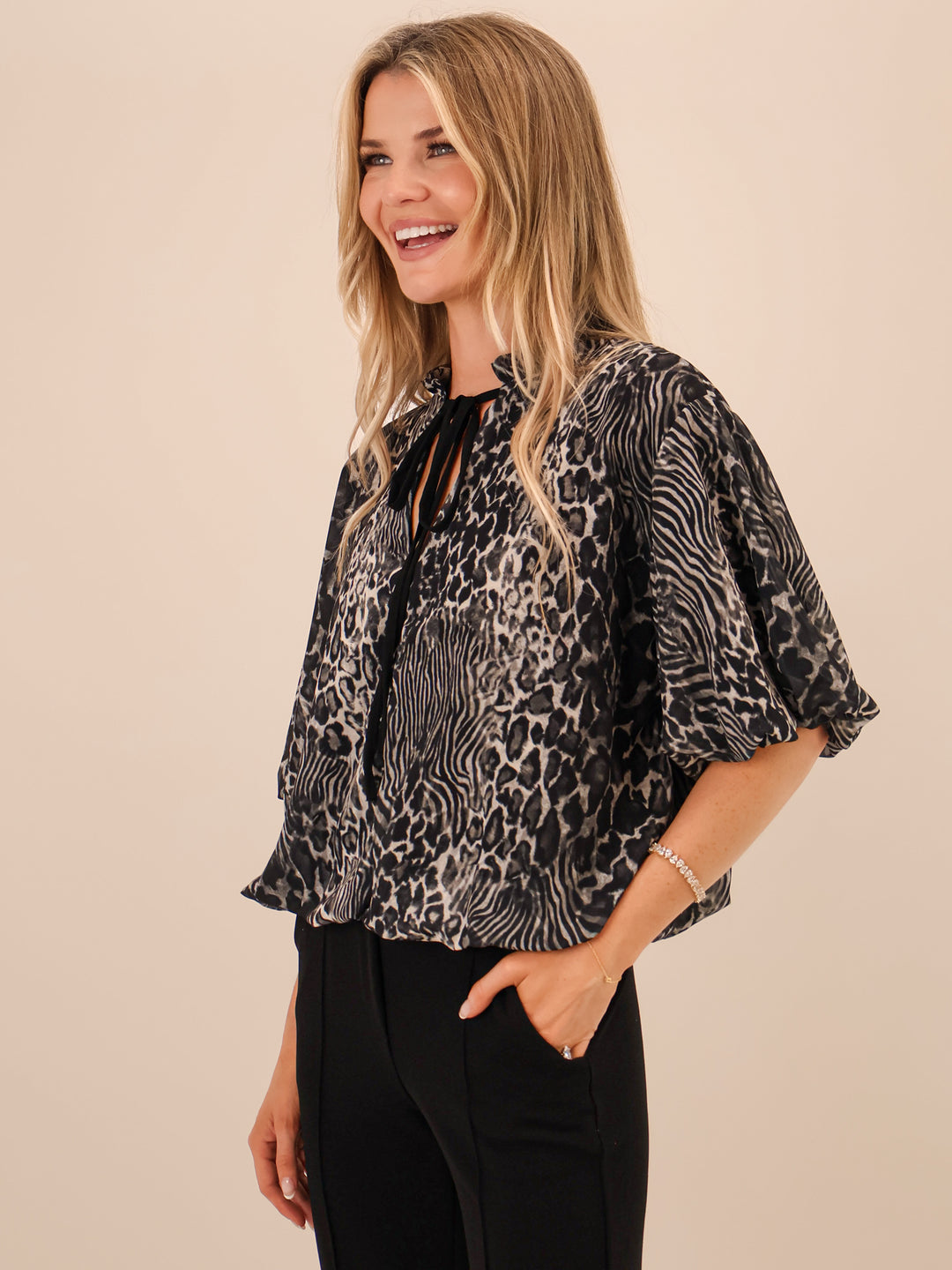 Kate & Pippa Ava Bow Top In Black Print-Nicola Ross