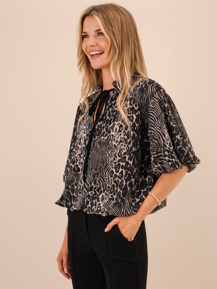 Kate & Pippa Ava Bow Top In Black Print-Nicola Ross