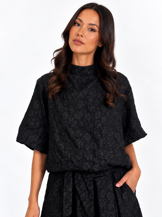 Kate & Pippa Ava Jacquard Bow Top In Black-Nicola Ross