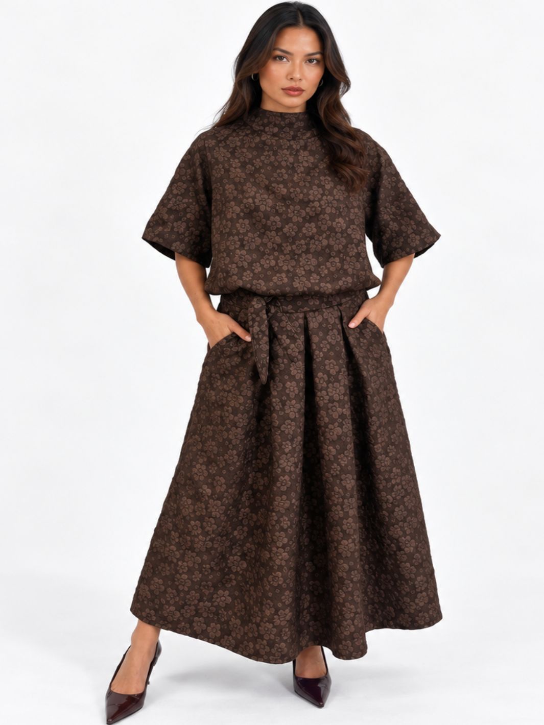 Kate & Pippa Ava Jacquard Bow Top In Brown-Nicola Ross