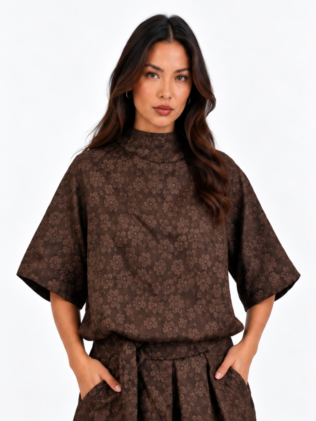 Kate & Pippa Ava Jacquard Bow Top In Brown-Nicola Ross