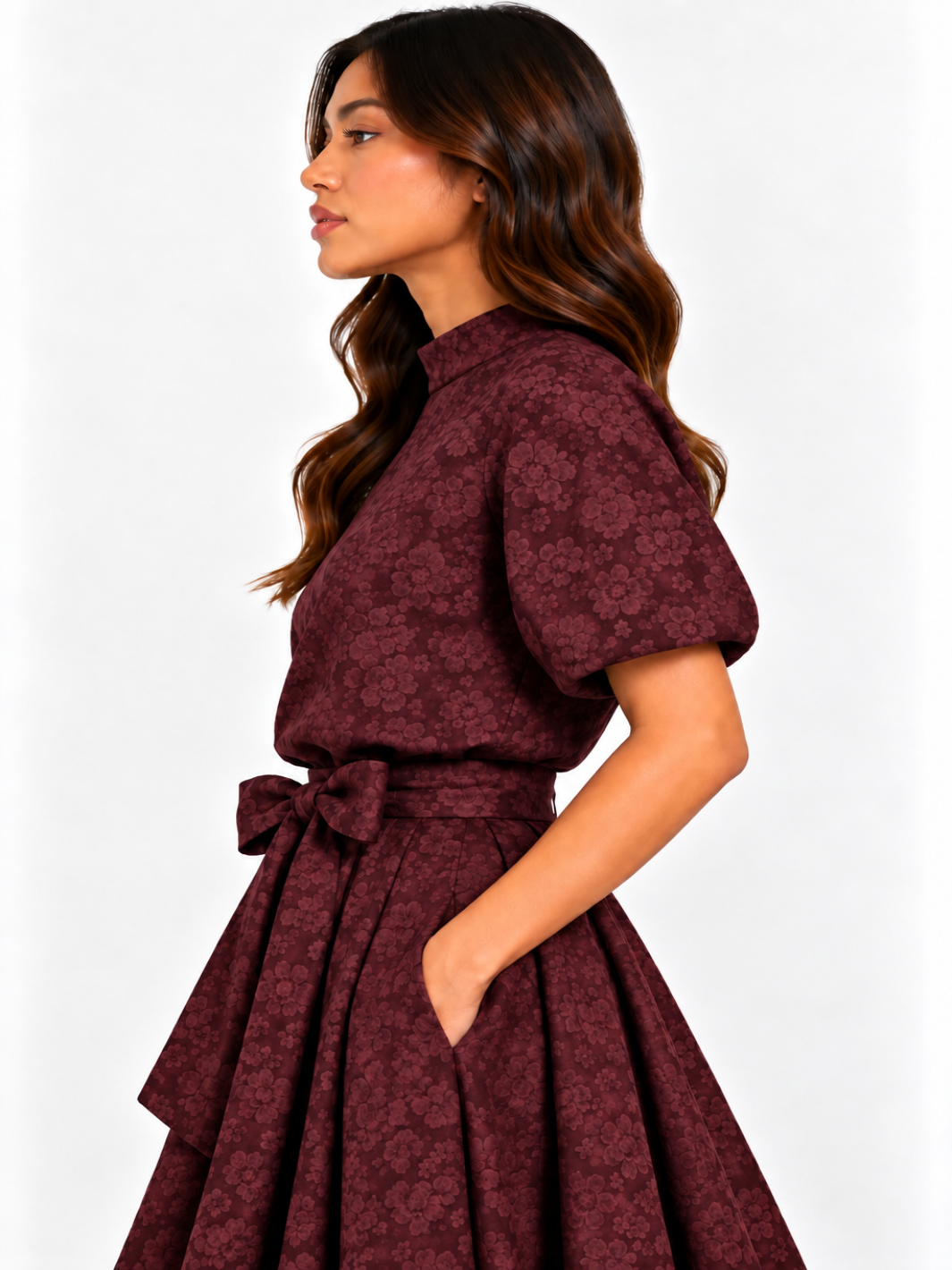 Kate & Pippa Ava Jacquard Bow Top In Burgundy-Nicola Ross