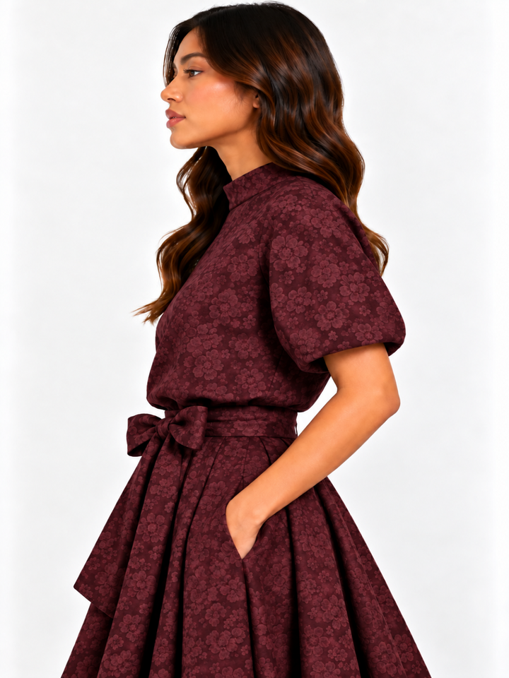 Kate & Pippa Ava Jacquard Bow Top In Burgundy-Nicola Ross