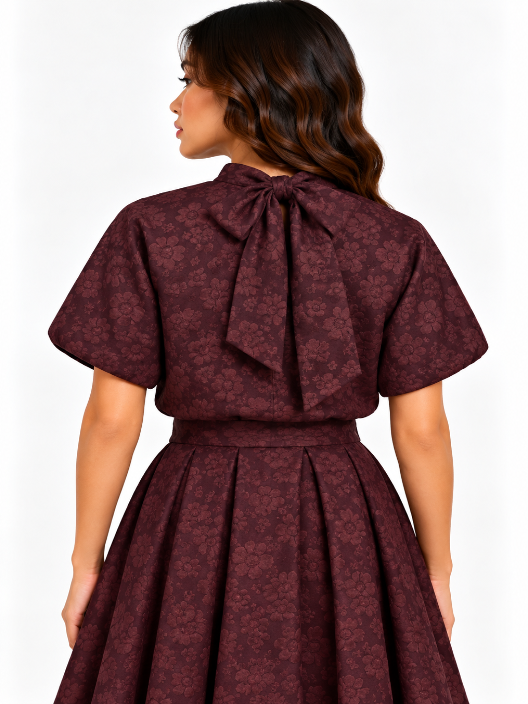 Kate & Pippa Ava Jacquard Bow Top In Burgundy-Nicola Ross
