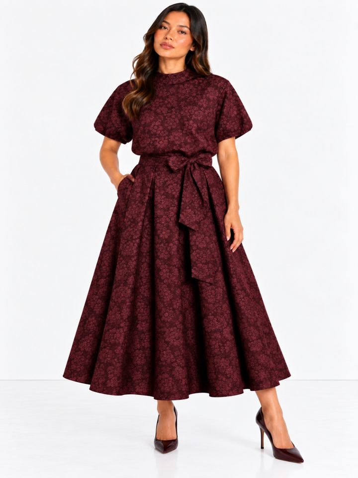 Kate & Pippa Ava Jacquard Bow Top In Burgundy-Nicola Ross