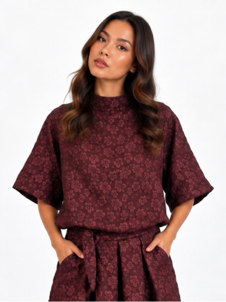 Kate & Pippa Ava Jacquard Bow Top In Burgundy-Nicola Ross