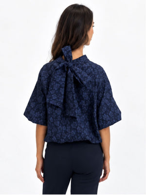 Kate & Pippa Ava Jacquard Bow Top In Navy-Nicola Ross