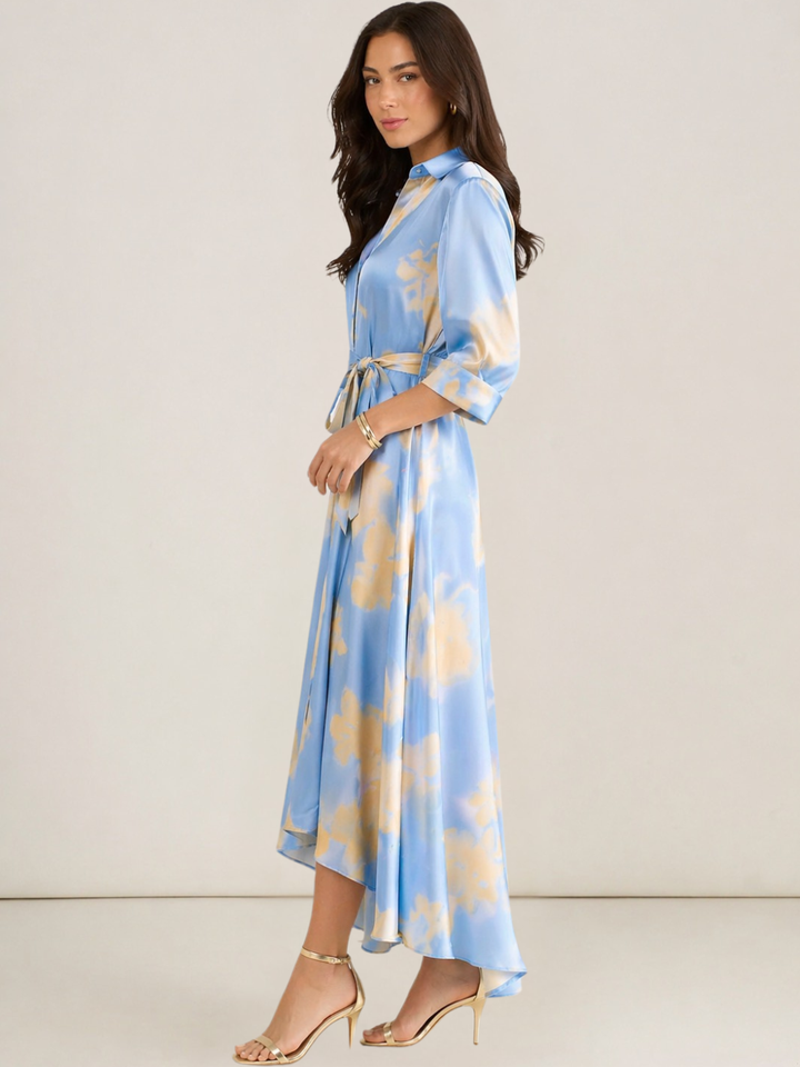 Kate & Pippa Azure Midi Dress In Blue/Lemon Print-Occasion Wear-Guest of the wedding-Nicola Ross