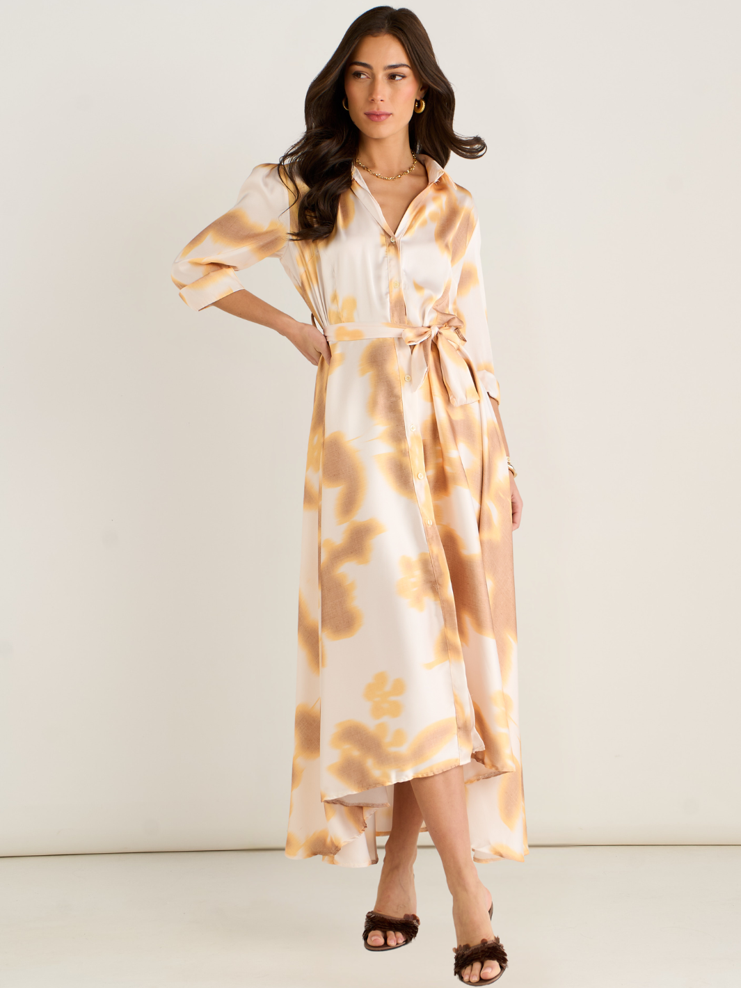 Kate & Pippa Azure Midi Dress In Gold/Ivory Print-Occasion Wear-Guest of the wedding-Nicola Ross