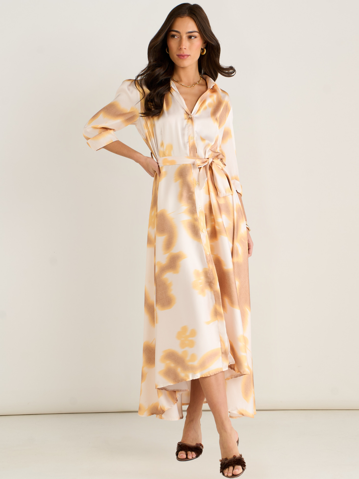 Kate & Pippa Azure Midi Dress In Gold/Ivory Print-Occasion Wear-Guest of the wedding-Nicola Ross
