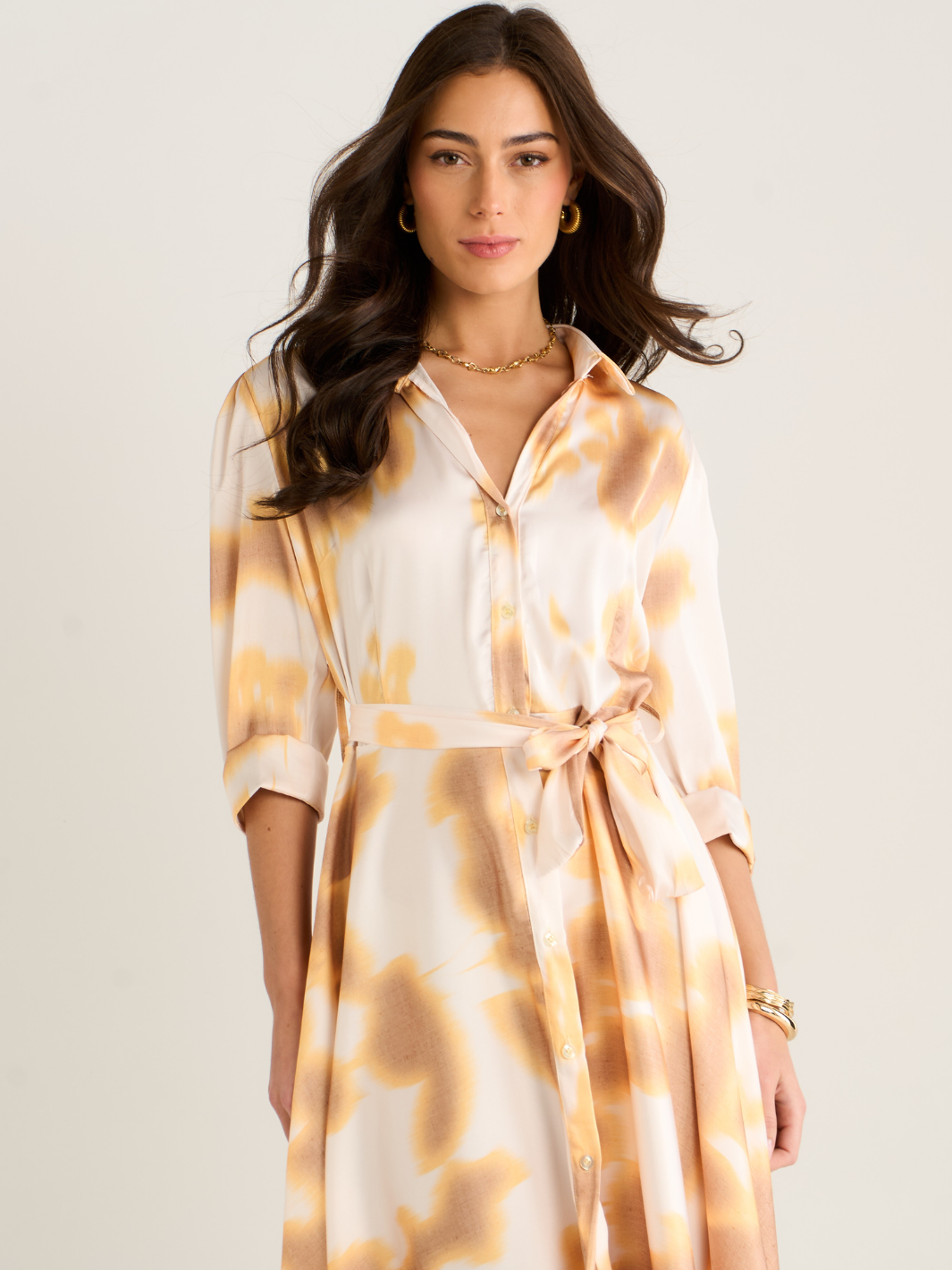Kate & Pippa Azure Midi Dress In Gold/Ivory Print-Occasion Wear-Guest of the wedding-Nicola Ross