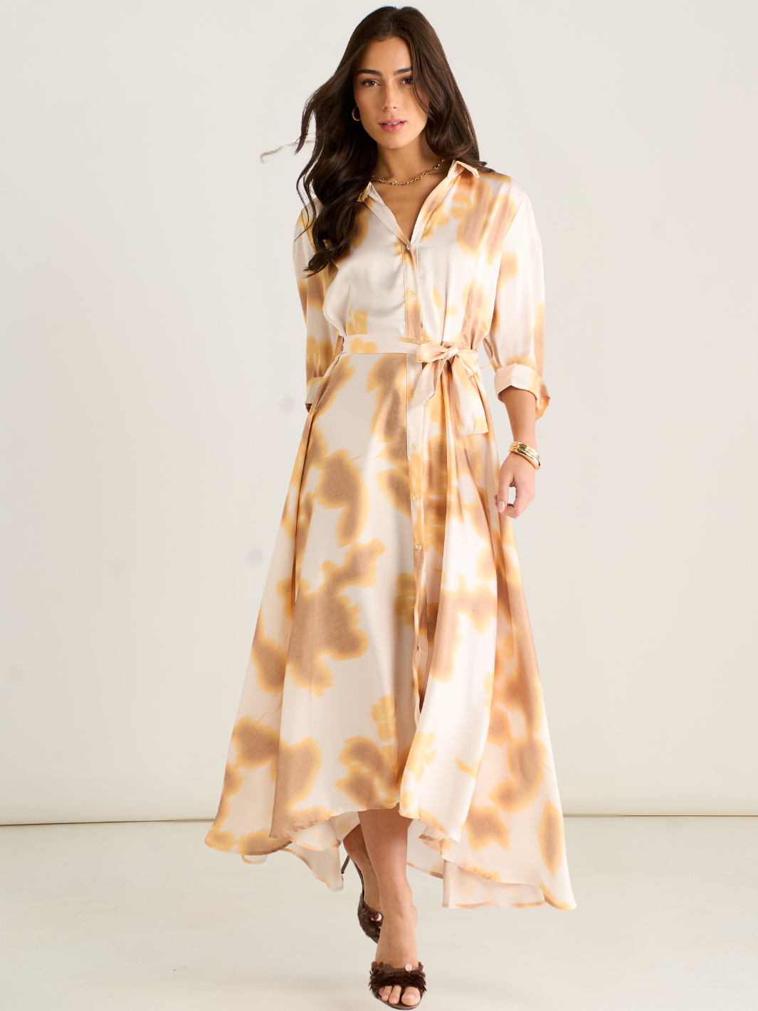 Kate & Pippa Azure Midi Dress In Gold/Ivory Print-Occasion Wear-Guest of the wedding-Nicola Ross