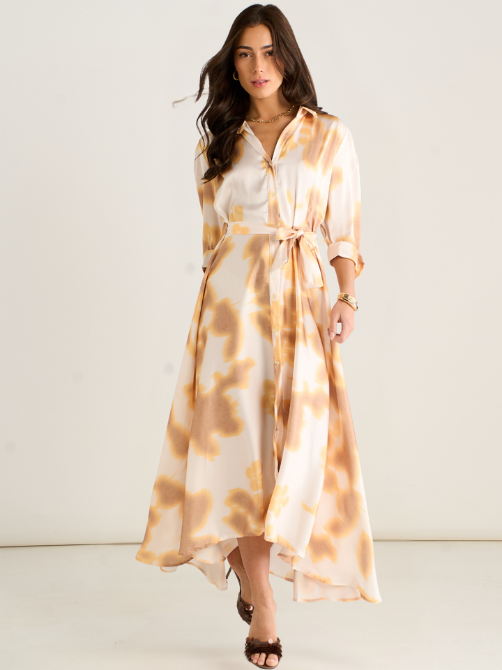 Kate & Pippa Azure Midi Dress In Gold/Ivory Print-Occasion Wear-Guest of the wedding-Nicola Ross