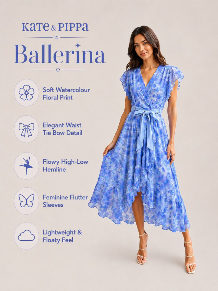 Kate & Pippa Ballerina Short Sleeve Midi Dress In Blue Print-Occasion Wear-Guest of the wedding-Nicola Ross