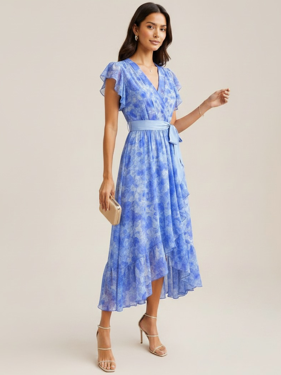 Kate & Pippa Ballerina Short Sleeve Midi Dress In Blue Print-Occasion Wear-Guest of the wedding-Nicola Ross