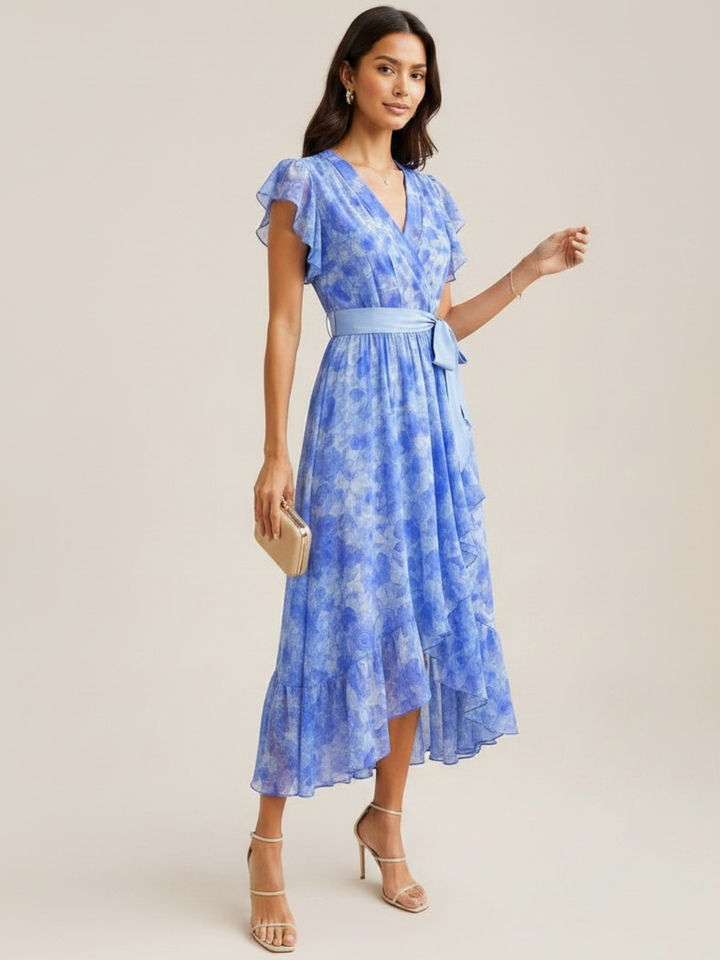 Kate & Pippa Ballerina Short Sleeve Midi Dress In Blue Print-Occasion Wear-Guest of the wedding-Nicola Ross