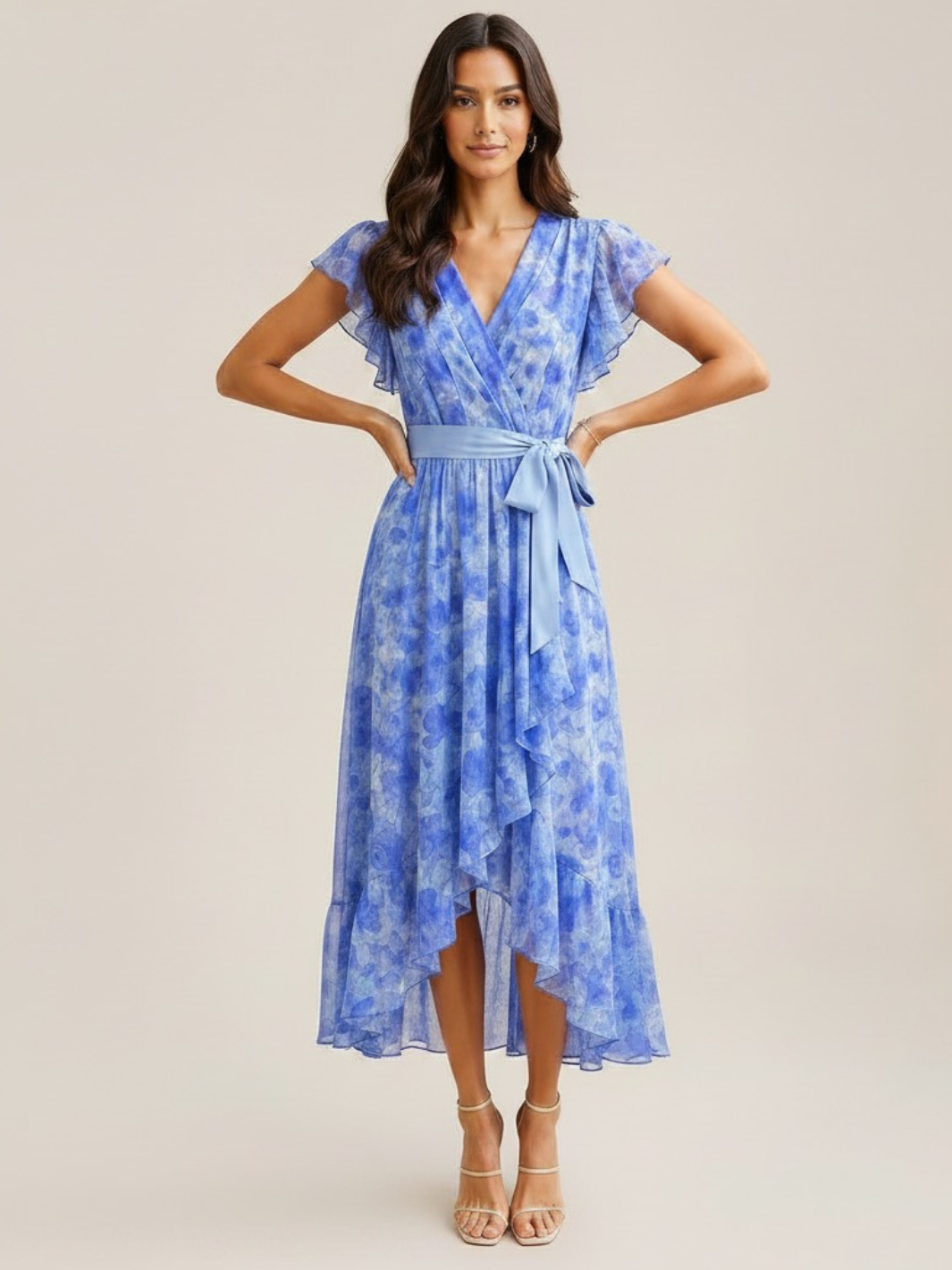 Kate & Pippa Ballerina Short Sleeve Midi Dress In Blue Print-Occasion Wear-Guest of the wedding-Nicola Ross