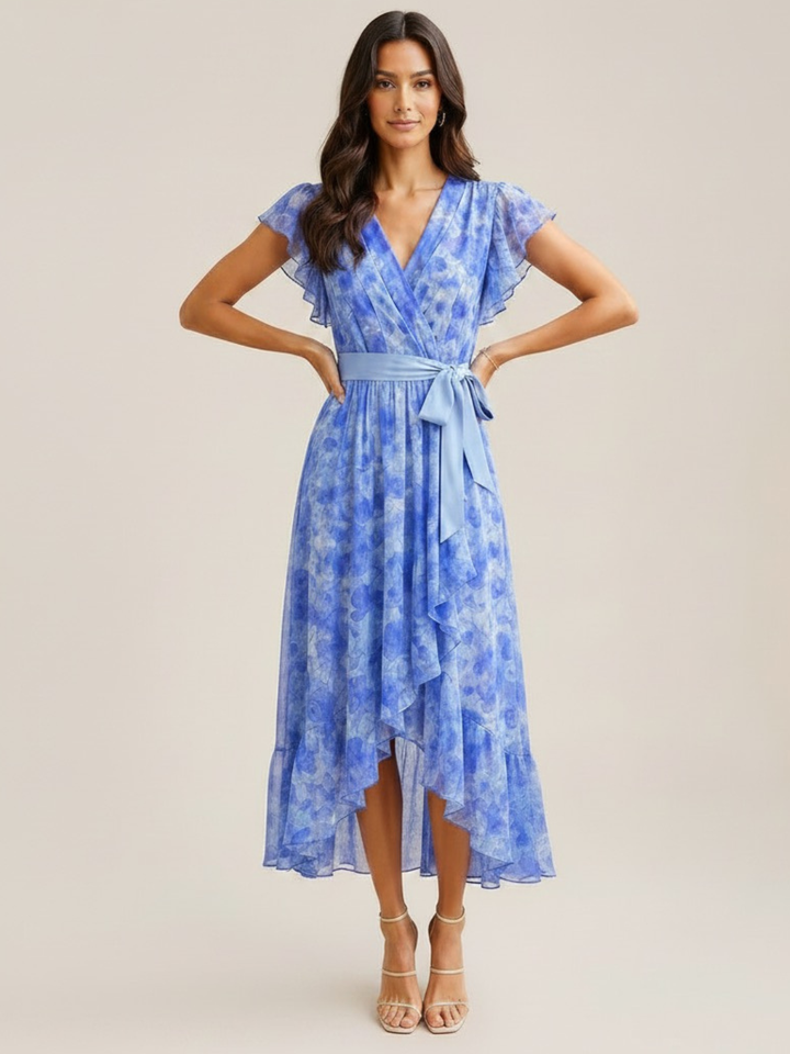 Kate & Pippa Ballerina Short Sleeve Midi Dress In Blue Print-Occasion Wear-Guest of the wedding-Nicola Ross