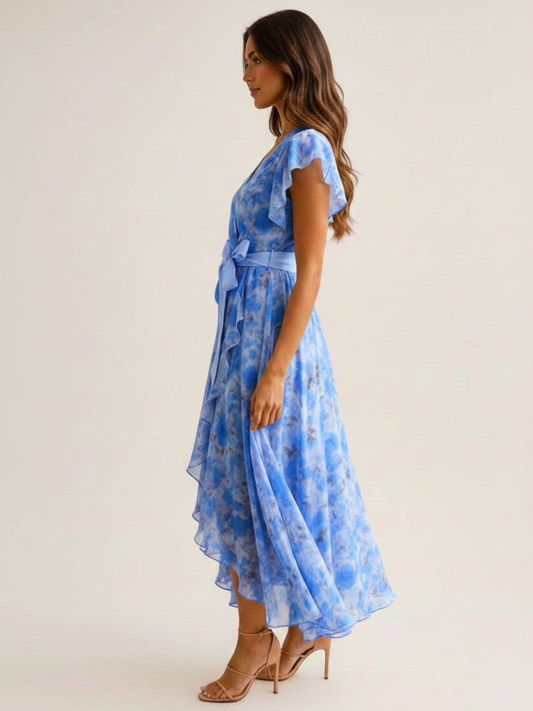 Kate & Pippa Ballerina Short Sleeve Midi Dress In Blue Print-Occasion Wear-Guest of the wedding-Nicola Ross