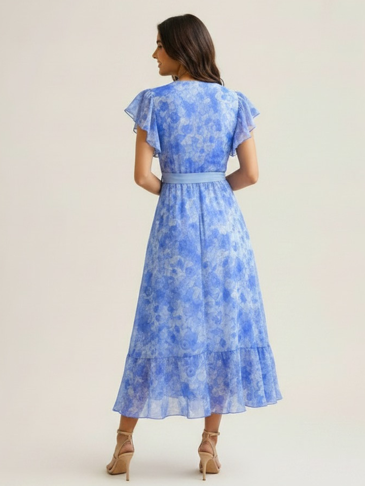 Kate & Pippa Ballerina Short Sleeve Midi Dress In Blue Print-Occasion Wear-Guest of the wedding-Nicola Ross
