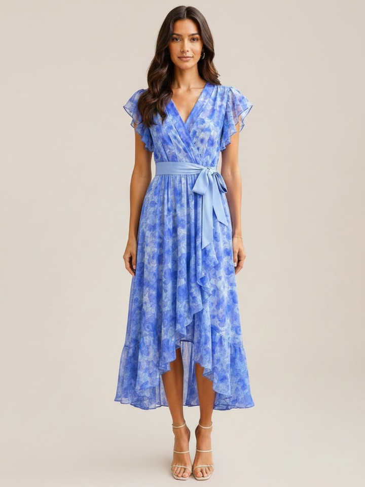 Kate & Pippa Ballerina Short Sleeve Midi Dress In Blue Print-Occasion Wear-Guest of the wedding-Nicola Ross