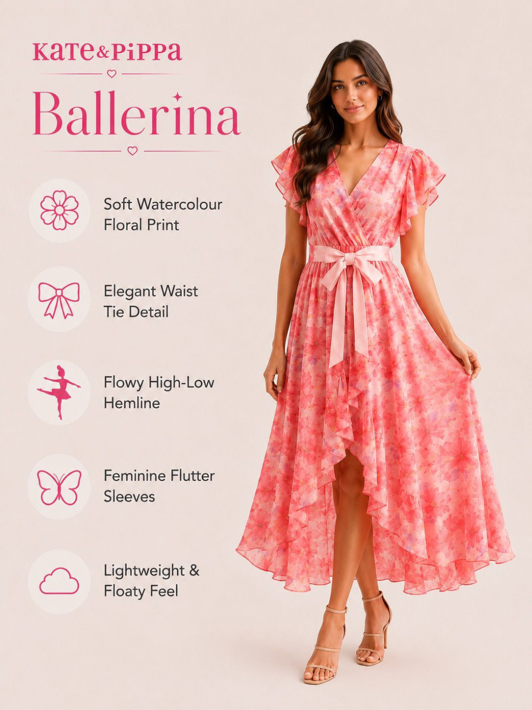 Kate & Pippa Ballerina Short Sleeve Midi Dress In Pink Print-Occasion Wear-Guest of the wedding-Nicola Ross