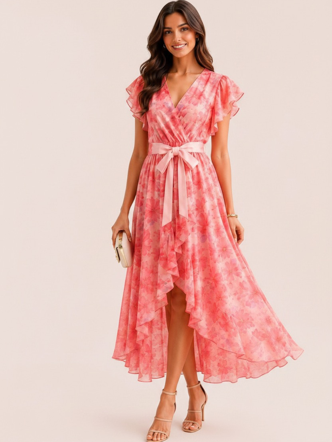Kate & Pippa Ballerina Short Sleeve Midi Dress In Pink Print-Occasion Wear-Guest of the wedding-Nicola Ross