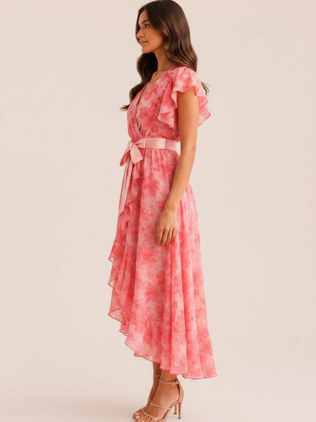 Kate & Pippa Ballerina Short Sleeve Midi Dress In Pink Print-Occasion Wear-Guest of the wedding-Nicola Ross