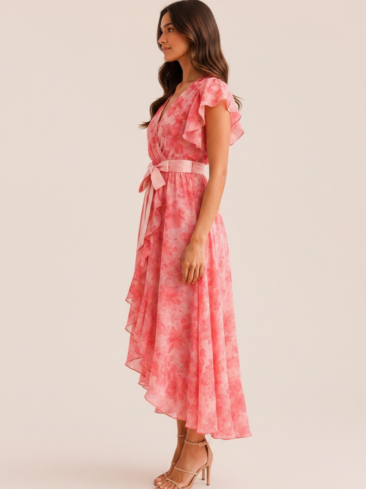Kate & Pippa Ballerina Short Sleeve Midi Dress In Pink Print-Occasion Wear-Guest of the wedding-Nicola Ross