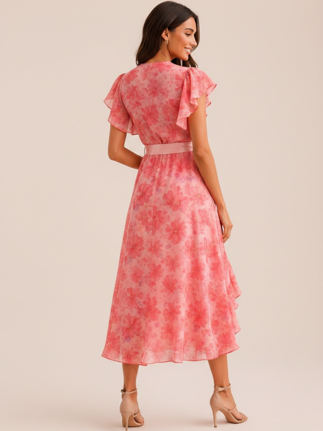 Kate & Pippa Ballerina Short Sleeve Midi Dress In Pink Print-Occasion Wear-Guest of the wedding-Nicola Ross