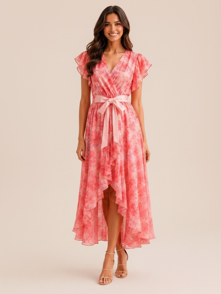 Kate & Pippa Ballerina Short Sleeve Midi Dress In Pink Print-Occasion Wear-Guest of the wedding-Nicola Ross