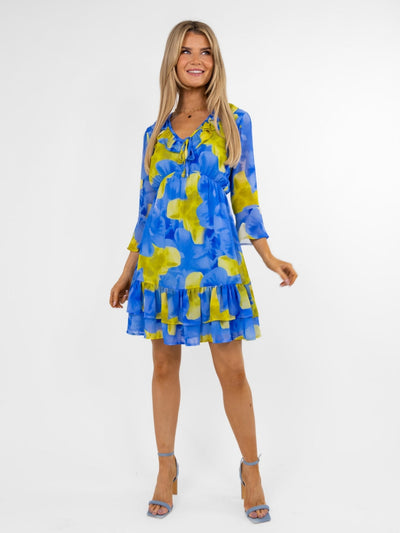 Kate & Pippa Bardot Mini Dress In Light Blue / Yellow-Nicola Ross
