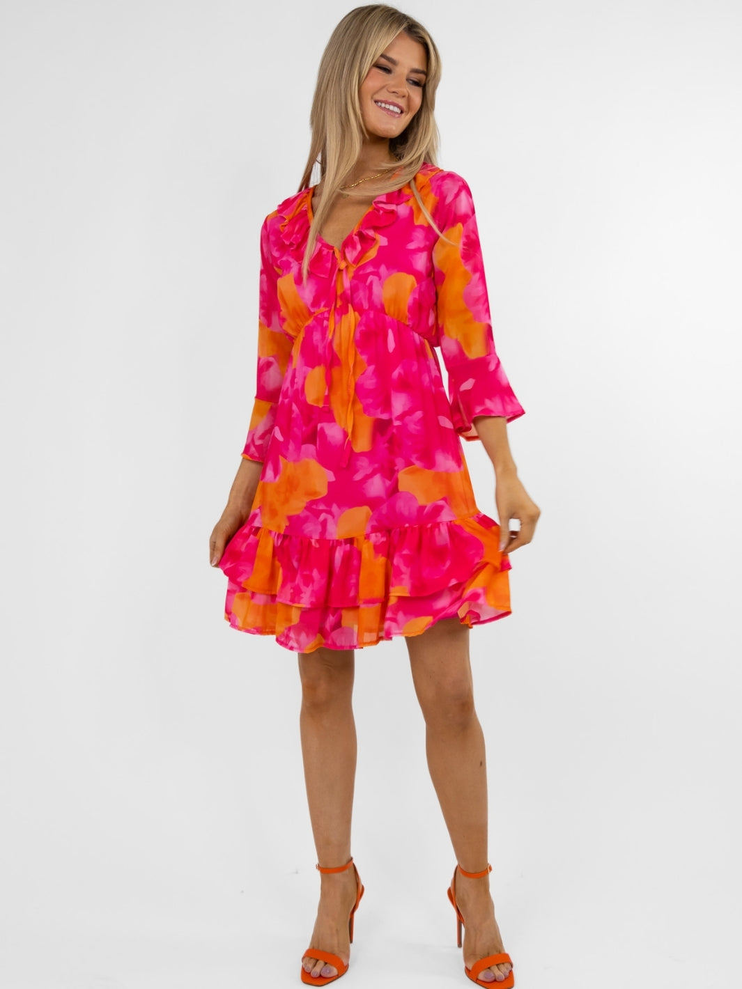 Kate & Pippa Bardot Mini Dress In Pink / Orange-Nicola Ross