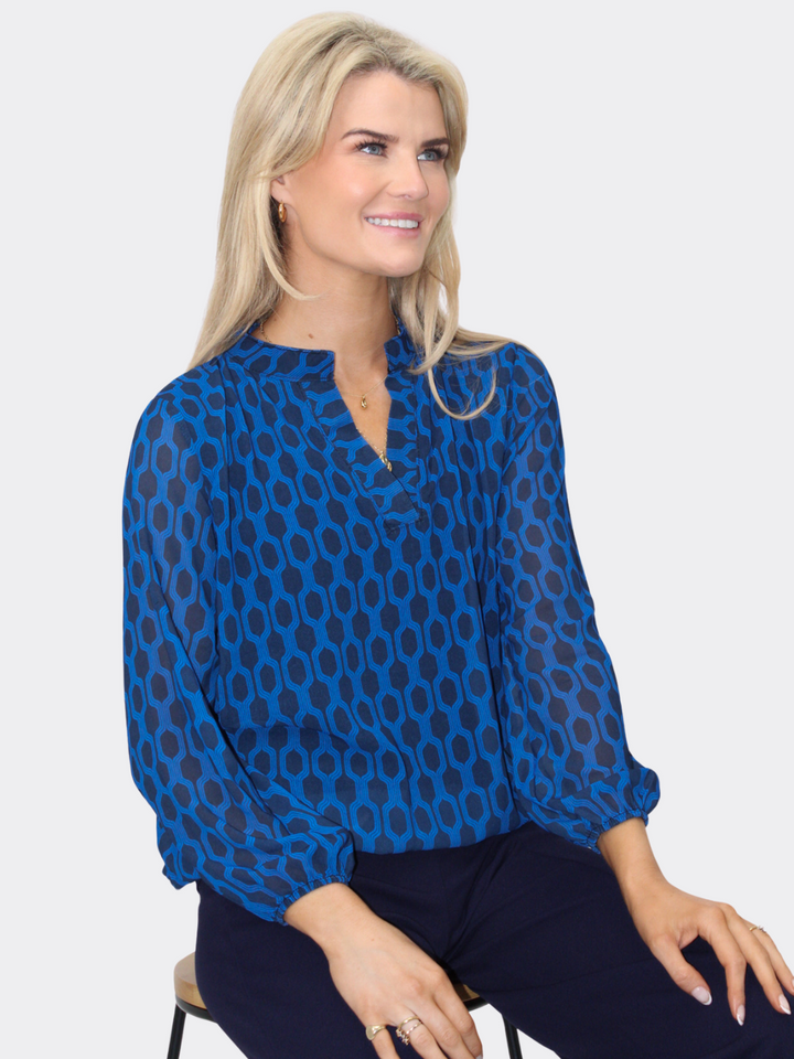 Kate & Pippa Bella Band Top In Blue Geo Print-Nicola Ross