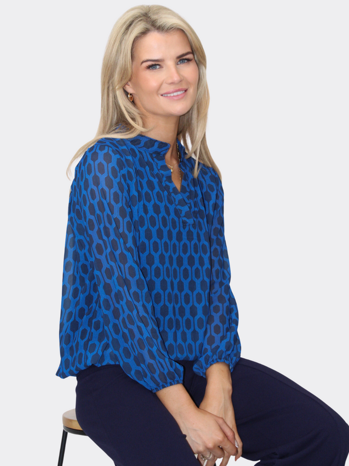 Kate & Pippa Bella Band Top In Blue Geo Print-Nicola Ross