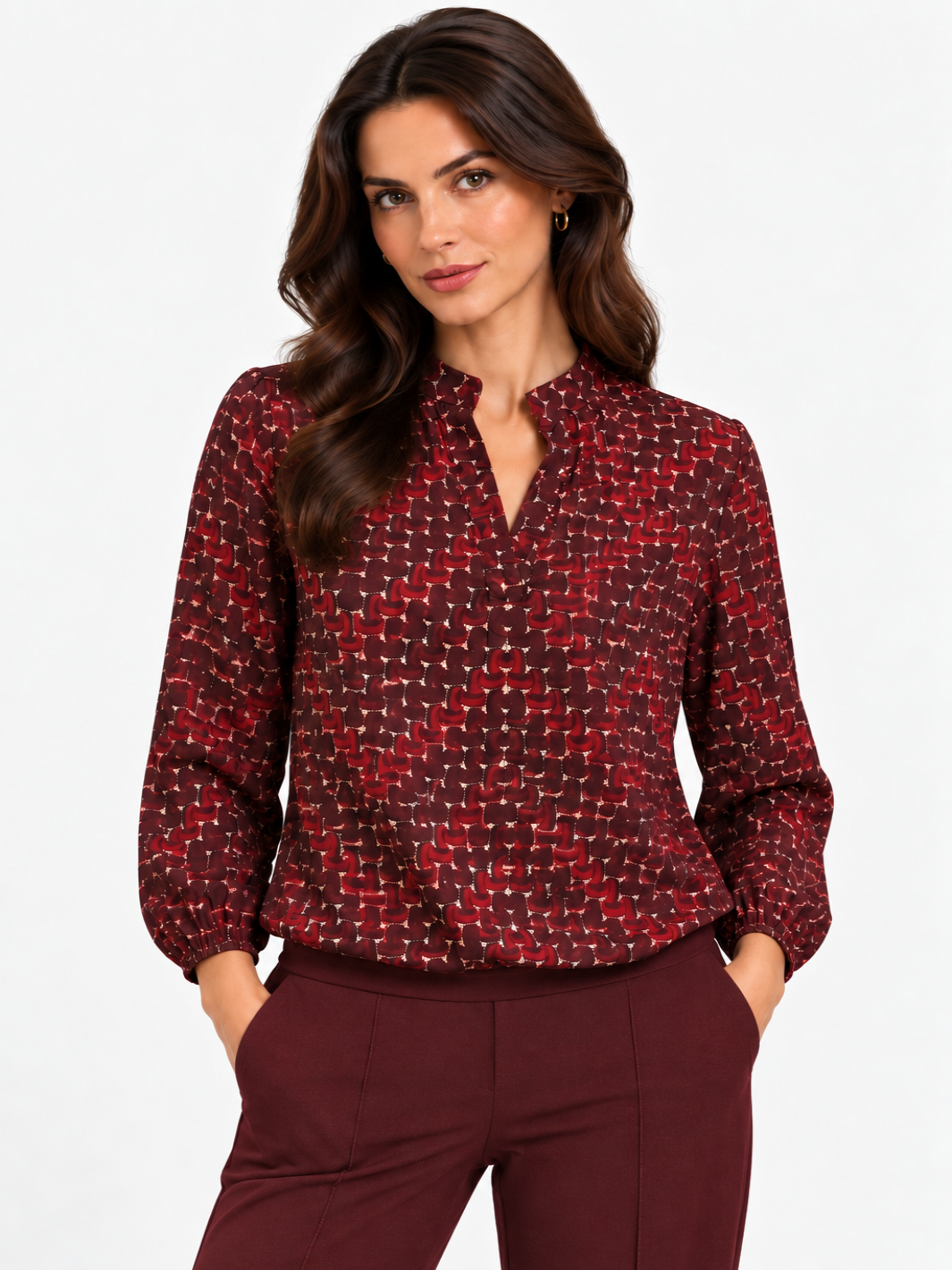 Kate & Pippa Bella Band Top In Burgundy Geo Print-Nicola Ross