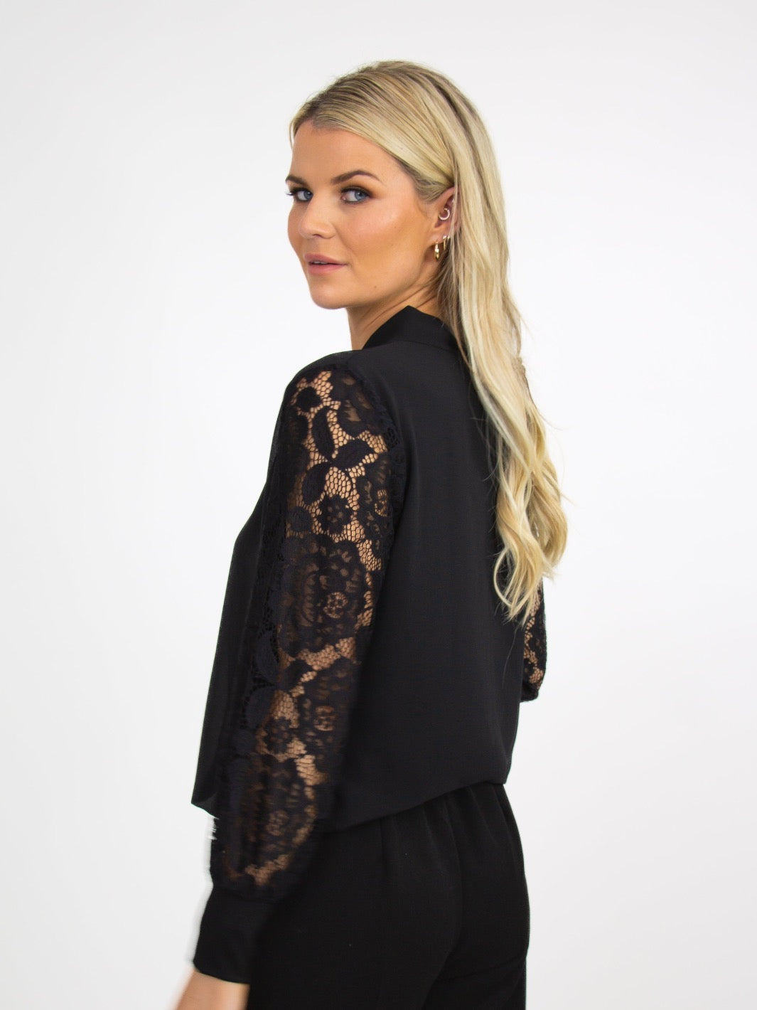 Kate & Pippa Bella Bow Band Top With Lace Sleeves In Black-Nicola Ross