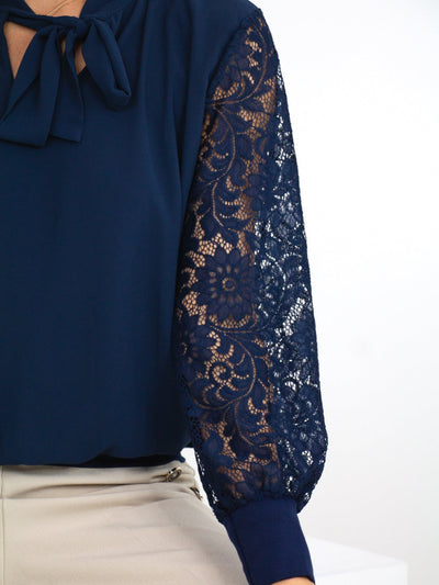 Kate & Pippa Bella Bow Band Top With Lace Sleeves In Navy-Nicola Ross