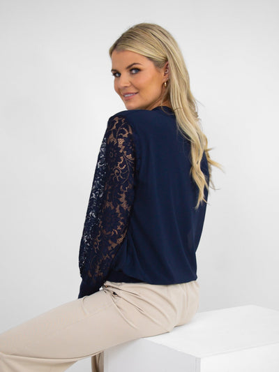 Kate & Pippa Bella Bow Band Top With Lace Sleeves In Navy-Nicola Ross