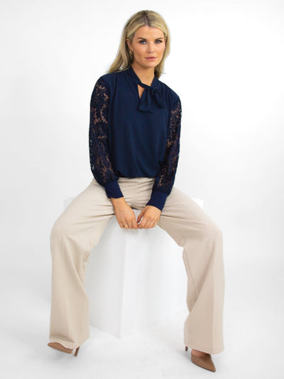 Kate & Pippa Bella Bow Band Top With Lace Sleeves In Navy-Nicola Ross
