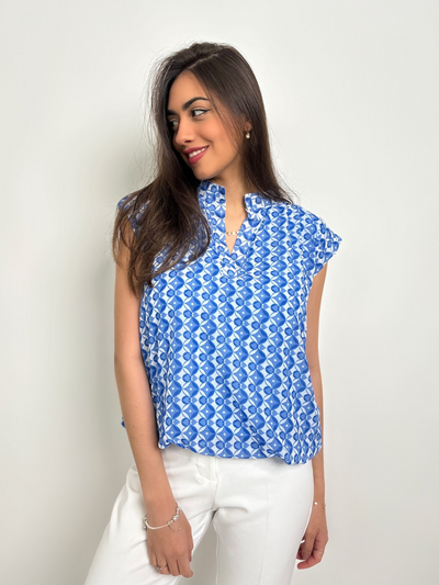 Kate & Pippa Bella Short Sleeved Band Top In Light Blue Print-Nicola Ross