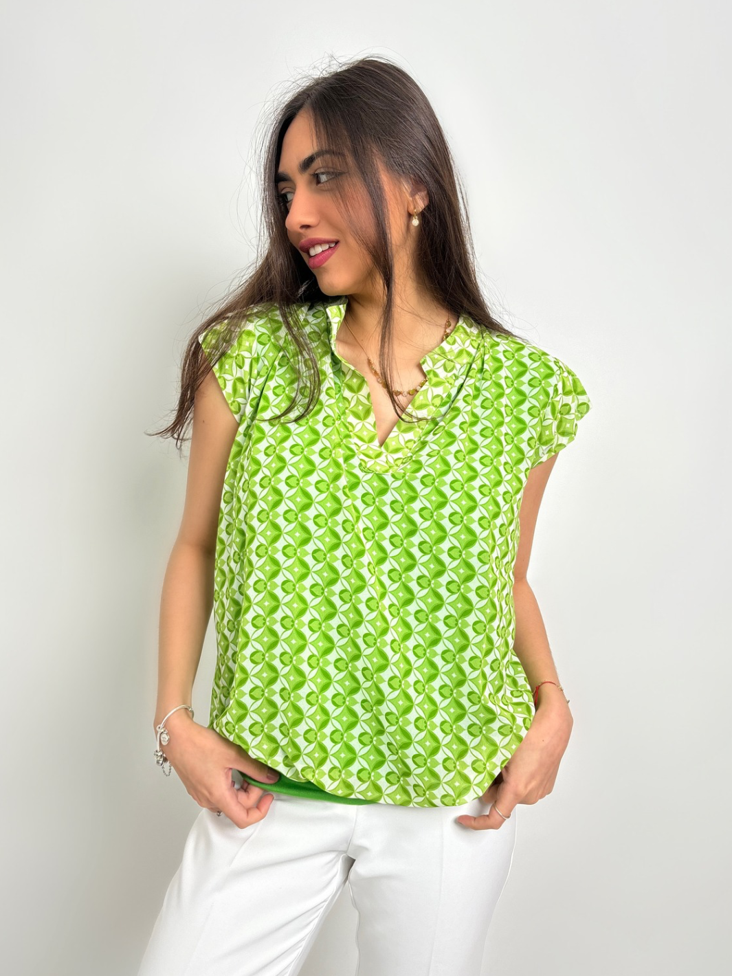 Kate & Pippa Bella Short Sleeved Band Top In Lime Green Print-Nicola Ross